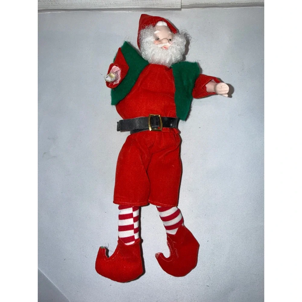 Vintage Santa Claus Elf Doll Porcelain Face Red Felt Suit Striped‎ Legs 11 Inch